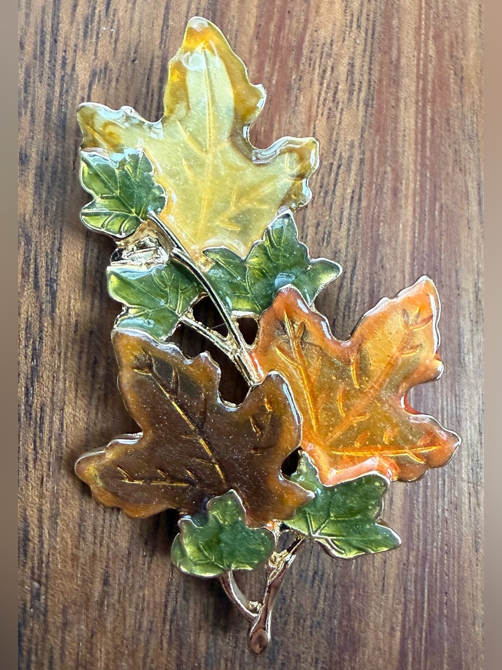 Vintage Gold Tone Enamel Autumn Fall Leaf Brooch Pin Green, Yellow, Orange Brown